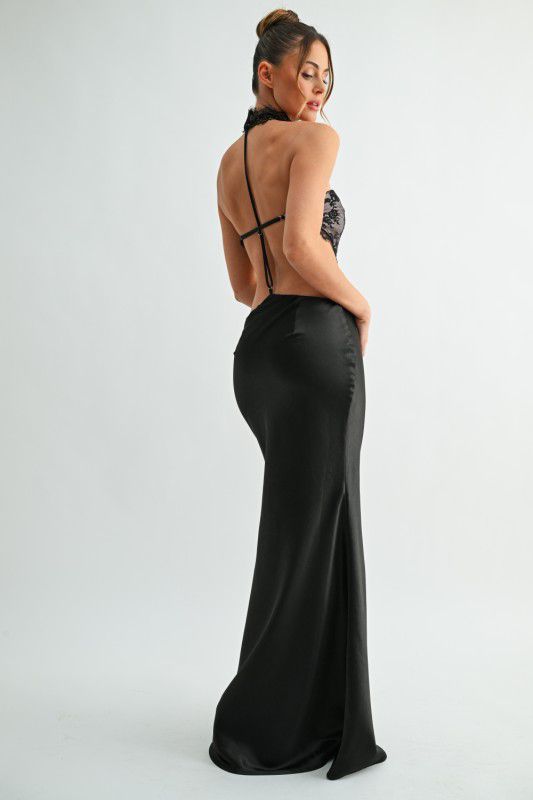Lace Choker Cut out Satin Dress
