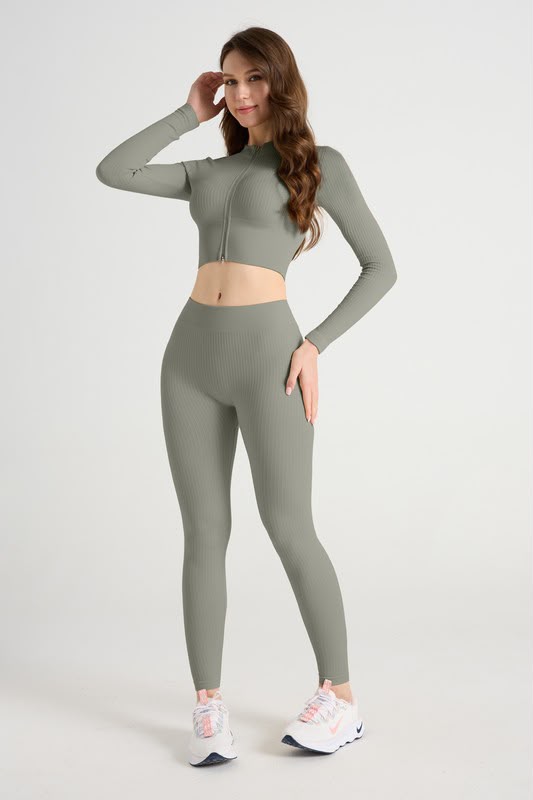 2pc Cropped Zip Up Jacket and Yoga Legging Set