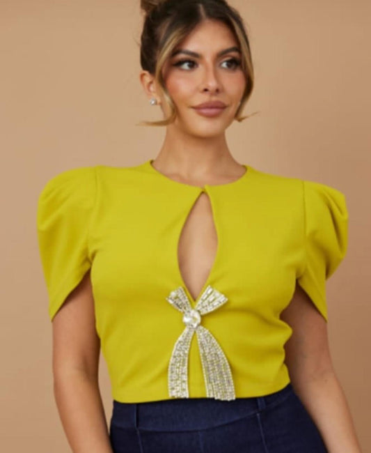 Green Blouse with Cristal Bow