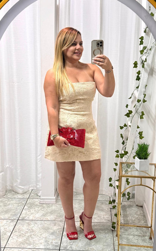 Ivory Bloom Lace Strapless Dress