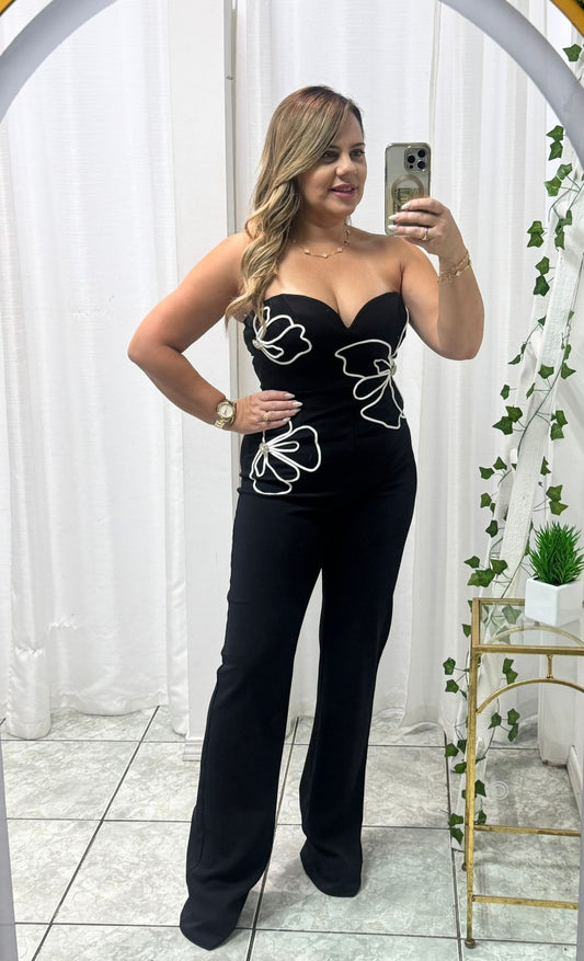 Strapless 3D Flowers Stripe Jumpsuit