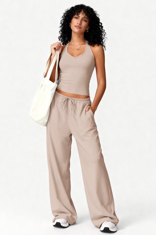 2pc Crop Tank W/bra & Wide-led Pants Lounge Set