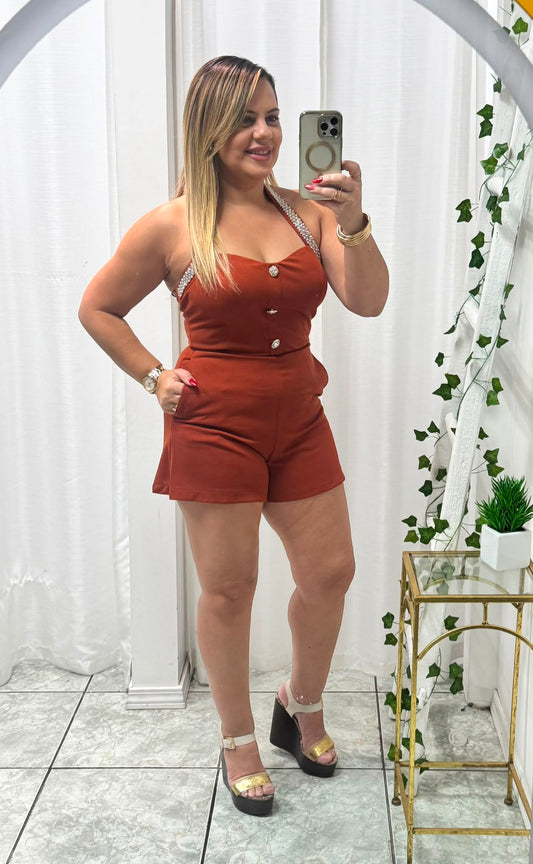 Halter Knit Romper with Cristal Trim Strap