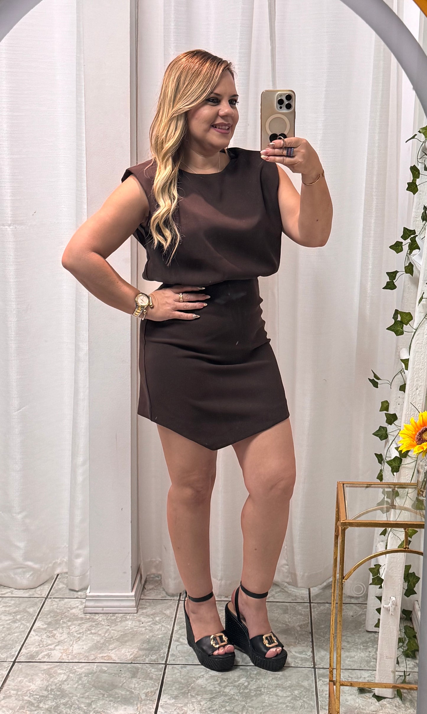 Round Neck Shoulder Padded Mini Dress